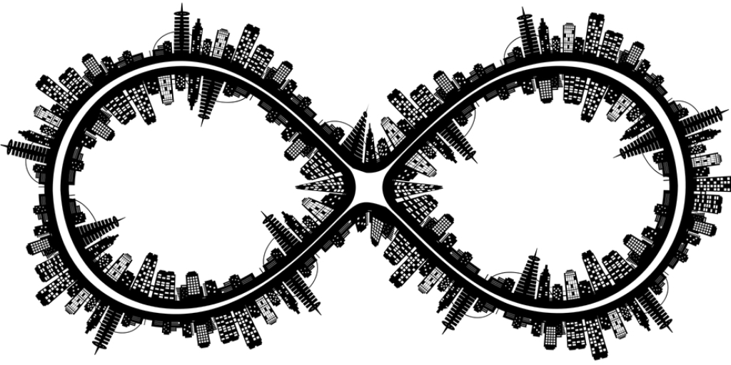 Image of an infinity sign that has structure of different buildings 