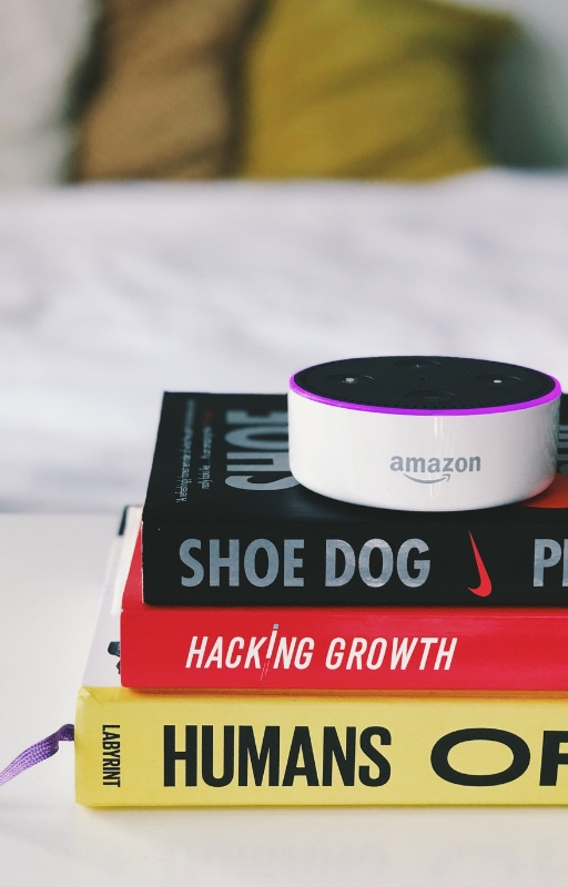 Amazon Echo device powered by Alexa kept on a pile of books