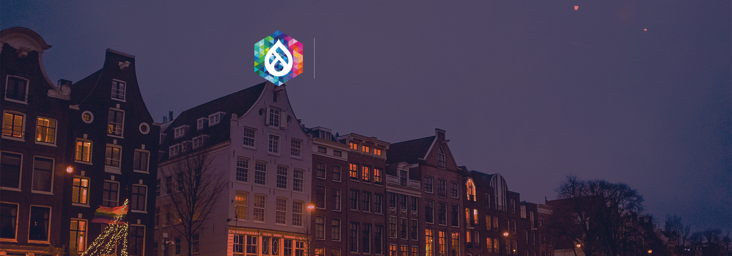 Amsterdam buildings and DrupalCon logo