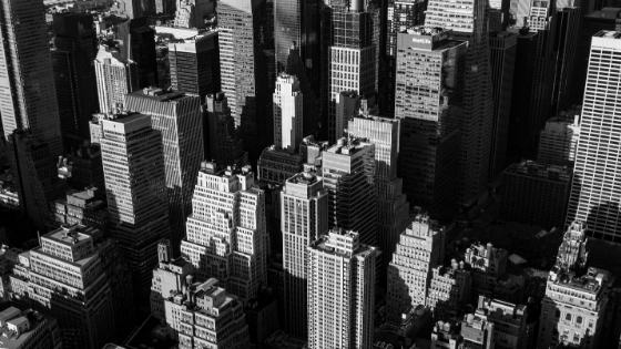 Black and white photography of skyscrapers
