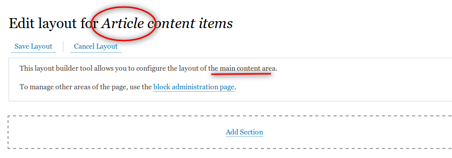 Edit layout option while enabling layout builder drupal module with a box containing instructions and save and cancel options above it.