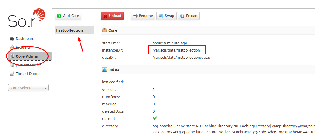 Interface of Apache Solr showing the process of creating collection with Sun-shaped icon at top-left and list of option on the right 