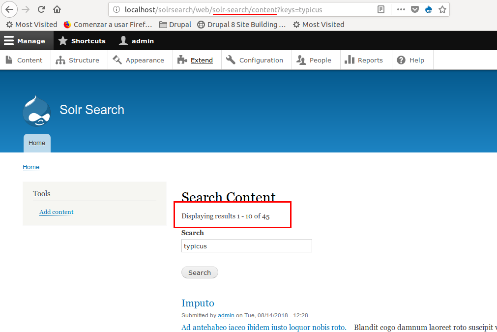 Interface of Drupal's Search API Solr Search module showing search box at the centre and search results below it.
