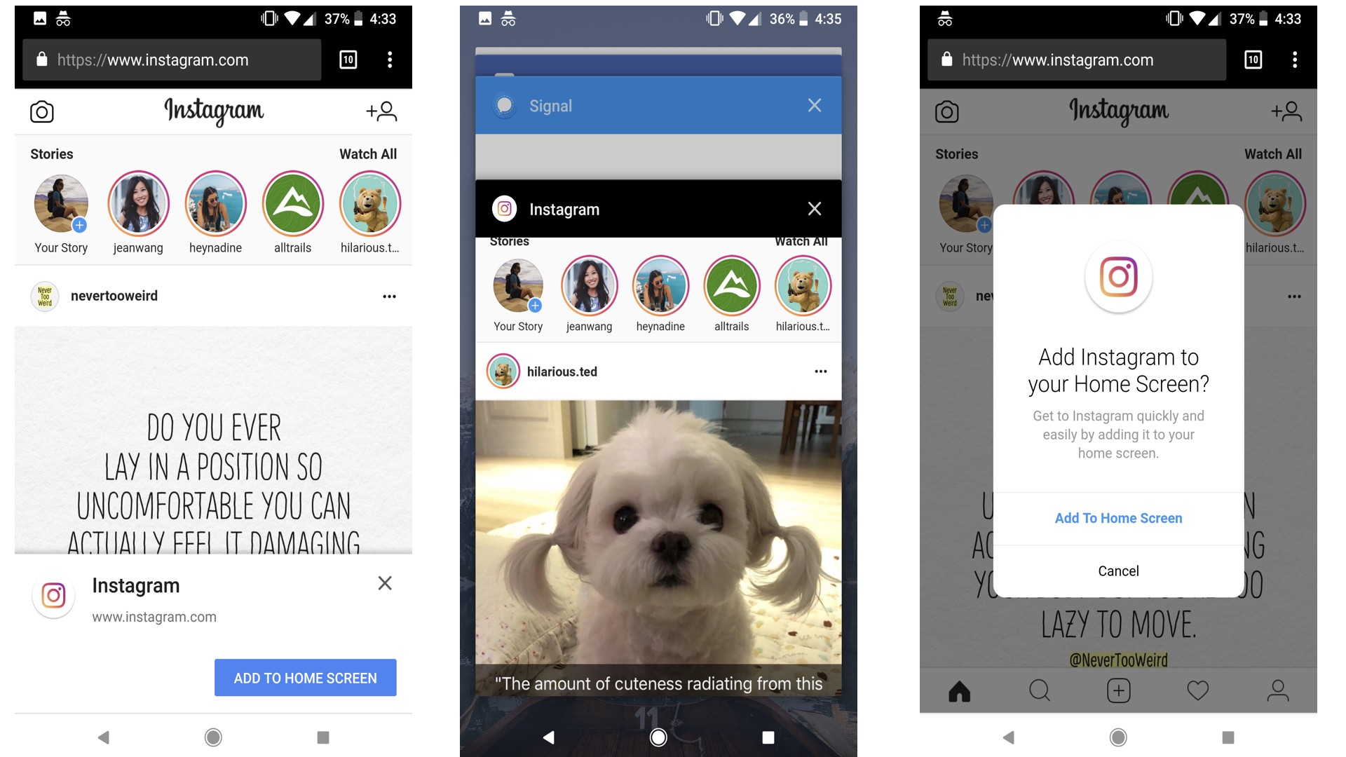 Three screenshots from a mobile phone showing instagram app