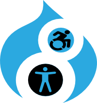 Image of the blue Drupal drop which has stick images of a person on a wheelchair and a person spreading its arms