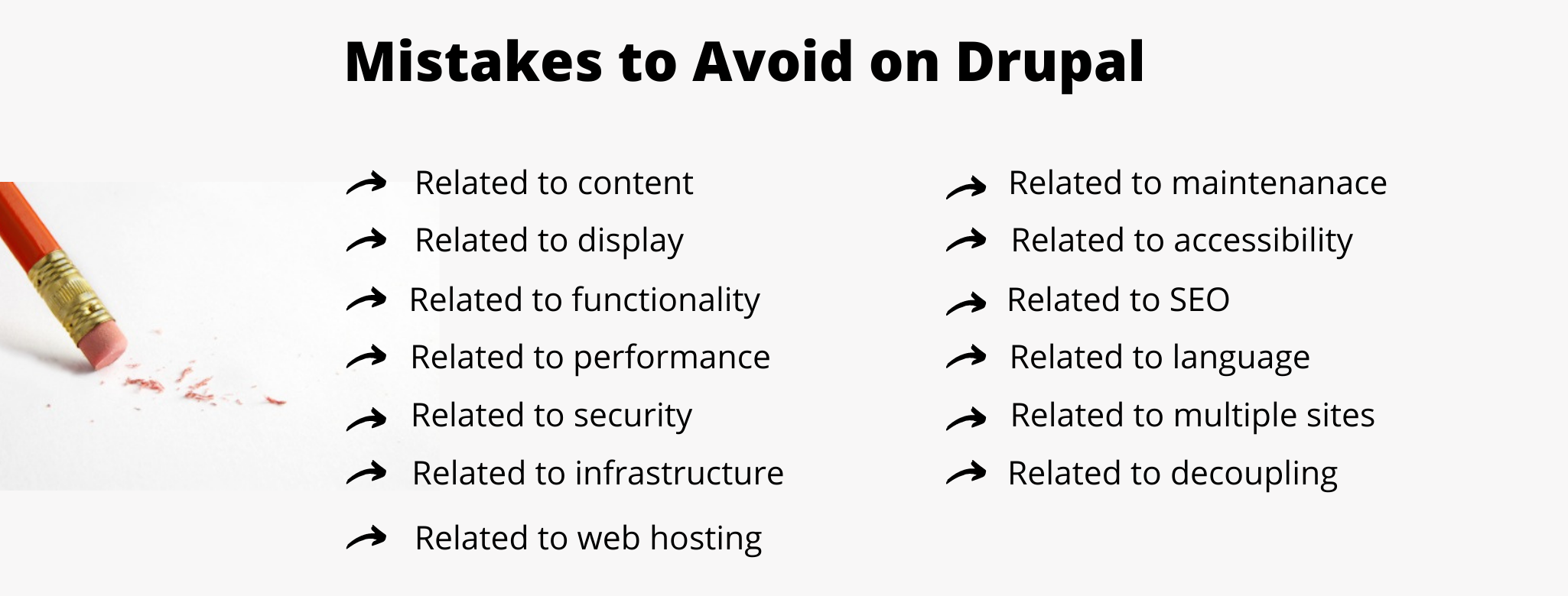 A pencil is shown after having erased an error on the extreme left and the mistakes to avoid in Drupal are written in bullets in the rest of the space on a white background.