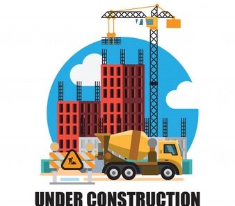 An image of a building that is under construction where a crane is uplifting metal rods and a bulldozer is situated at the right side with a construction sign of left.