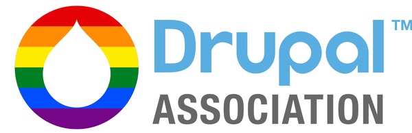 Drupal logo, resembling a droplet, in Rainbow colour on left and 'Drupal Association' written on left