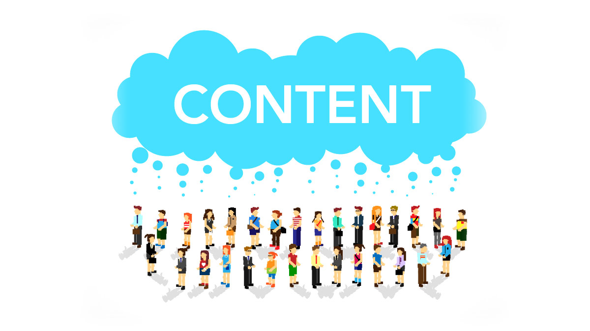 Image of a blue cloud that says content under which 28 lego humans are standing and rain is showering upon them through that cloud