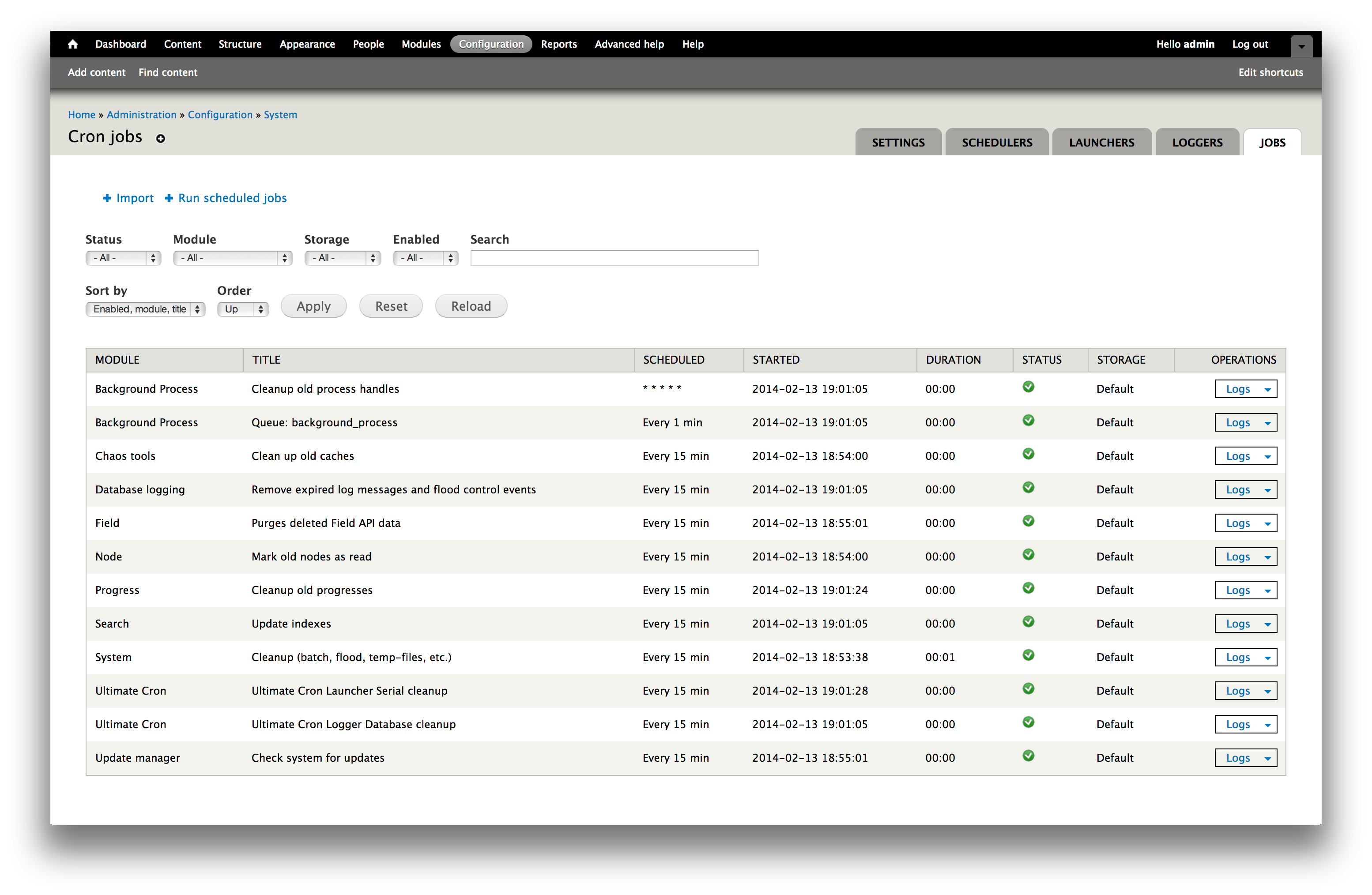 Screenshot of Cron listing in Drupal