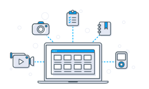 Image of a laptop with a chart picture on the screen and five sub-images are connected around it via dots