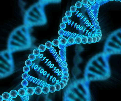 Image of a DNA with binary numbers on its string placed on a black background