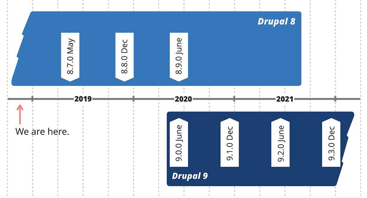 Image of a line showing 2019, 2020 and 2021 that has a pointing arrow at the starting. The version are written at the top of a line with a blue background 