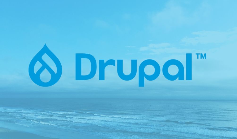 Drupal 9 logo with Drupal TM written in the centre, drop-like icon and a bluish background