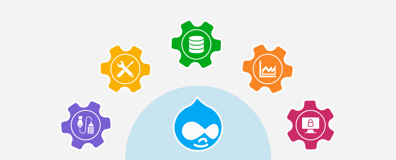 illustration image showing blur drupal icon and and multi colour icons on white background