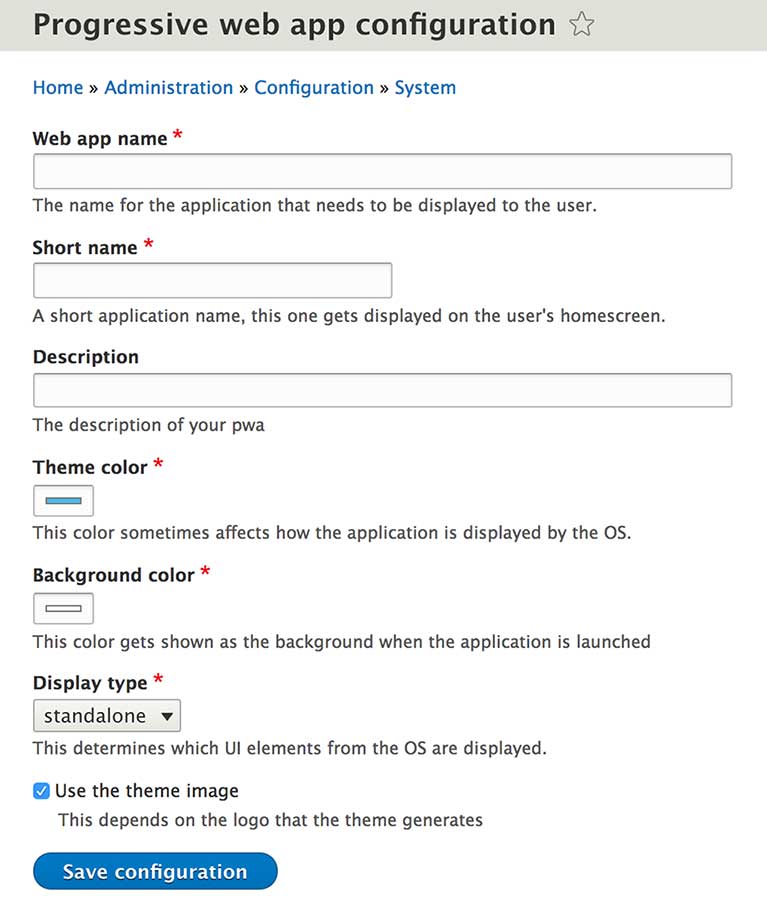 Prompt pop up of progressive web apps Drupal module configuration showing message boxes and drop down options