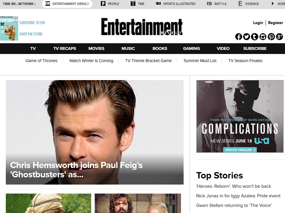 A screenshot of entertainment weekly website