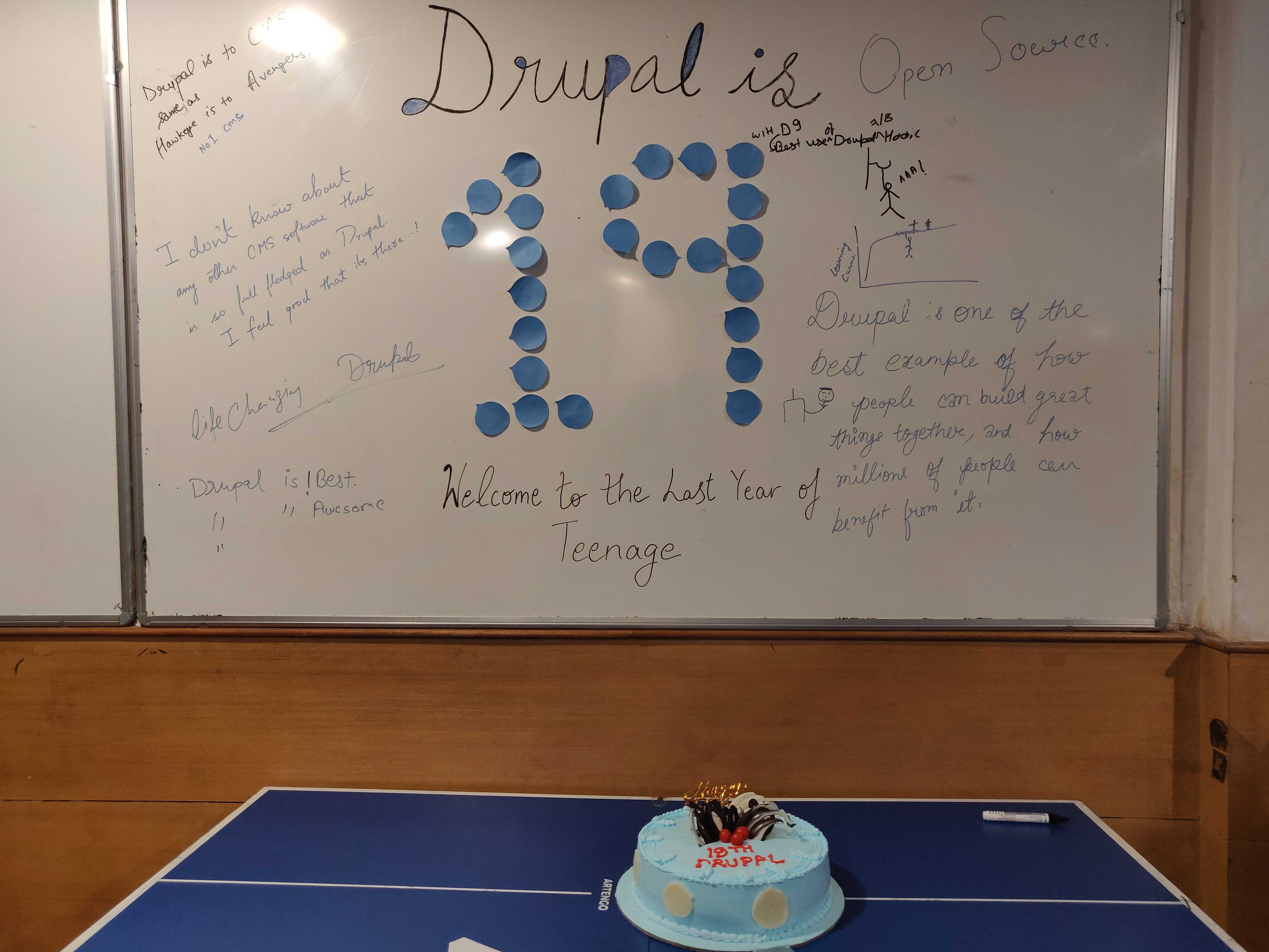 A whiteboard with scribbles of Drupal appreciation and number 19 written at the centre and a blue cake below