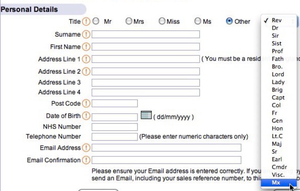 A personal details page of a form with multiple gender options