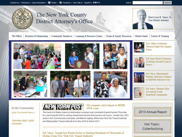 Screenshot of the main page of The New York County District Attorney’s Office website