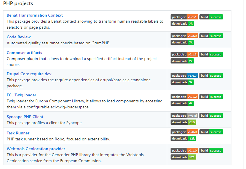 Screenshot of the PHP projects that are under EUL license