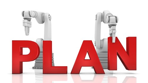  Image of text saying plan in red color with two robotic  hands