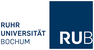 Image of a square which is divided into two parts the left side is white in color where RUHR university is written in German and the right side is blue in color with RUB written in white