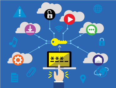 Image of a laptop, being touched by a finger. There is an image of a yellow key connected with six images different social platforms