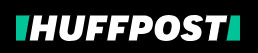 Logo of HuffPost with green stripes and black background