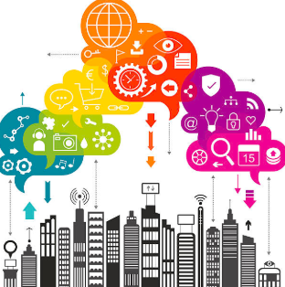 Illustration showing cloud-shaped icons and buildings