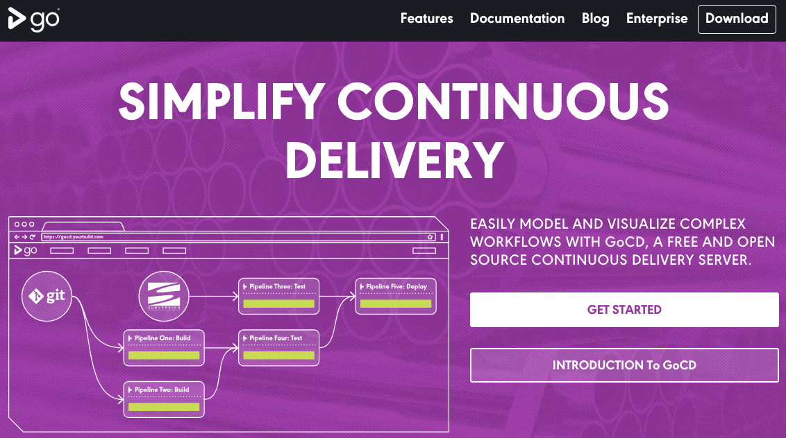 Homepage of Go platform with a flowchart explaining Continuous Delivery practice and ‘Simplify Continuous Delivery’ written in bold letters on the top on a pink background