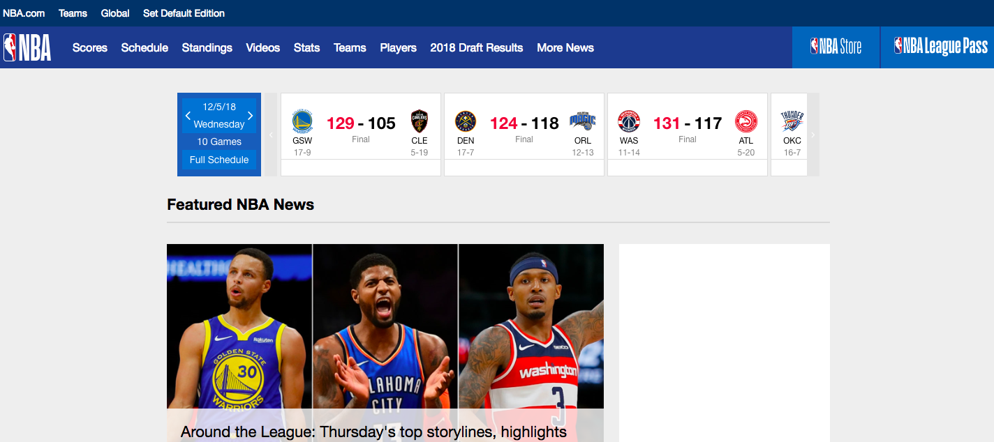 Homepage of NBA with an image of three players wearing blue-yellow, blue-orange, and red-white coloured outfits
