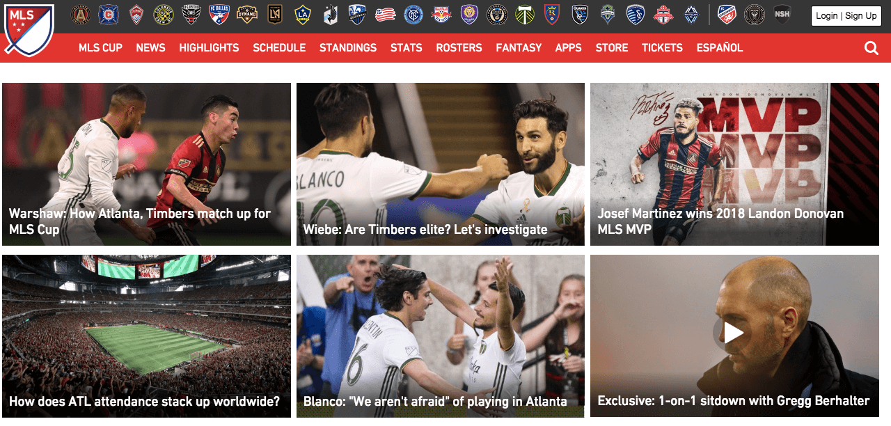 Homepage of Major League Soccer with 6 different images showing players playing football and jam-packed football stadium