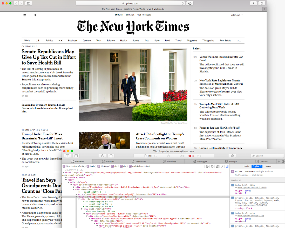 Home page of The New York Times with a box containing code snippet at the bottom