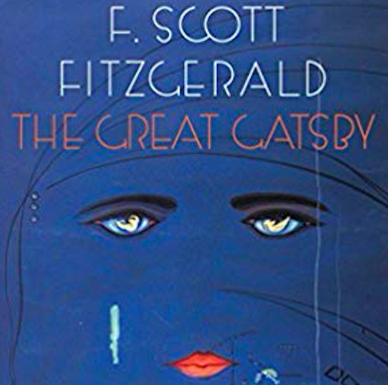 Cover page of the Great Gatsby book with illustration showing eyes and lips