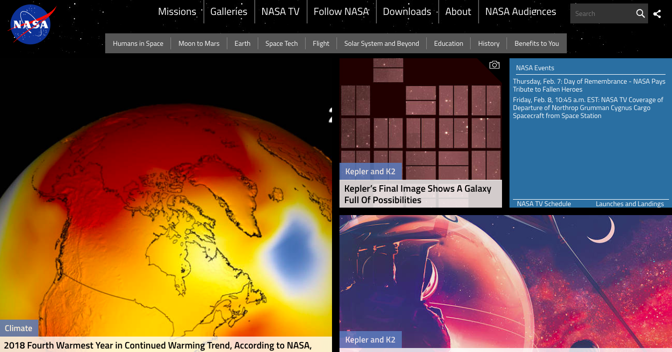Homepage of NASA showing images of planets in space