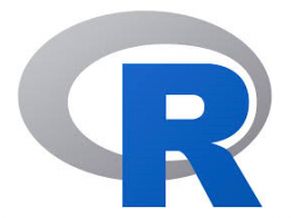 Logo of R programming language with the letter R and a grey circle overlapping it.
