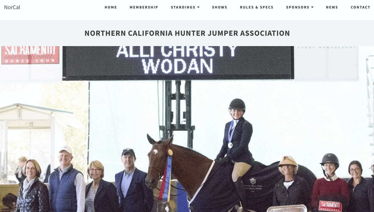 A picture of a woman sitting on a horse in the middle of a group of people with tabs on the top of the homepage of NorCal Hunter’s website