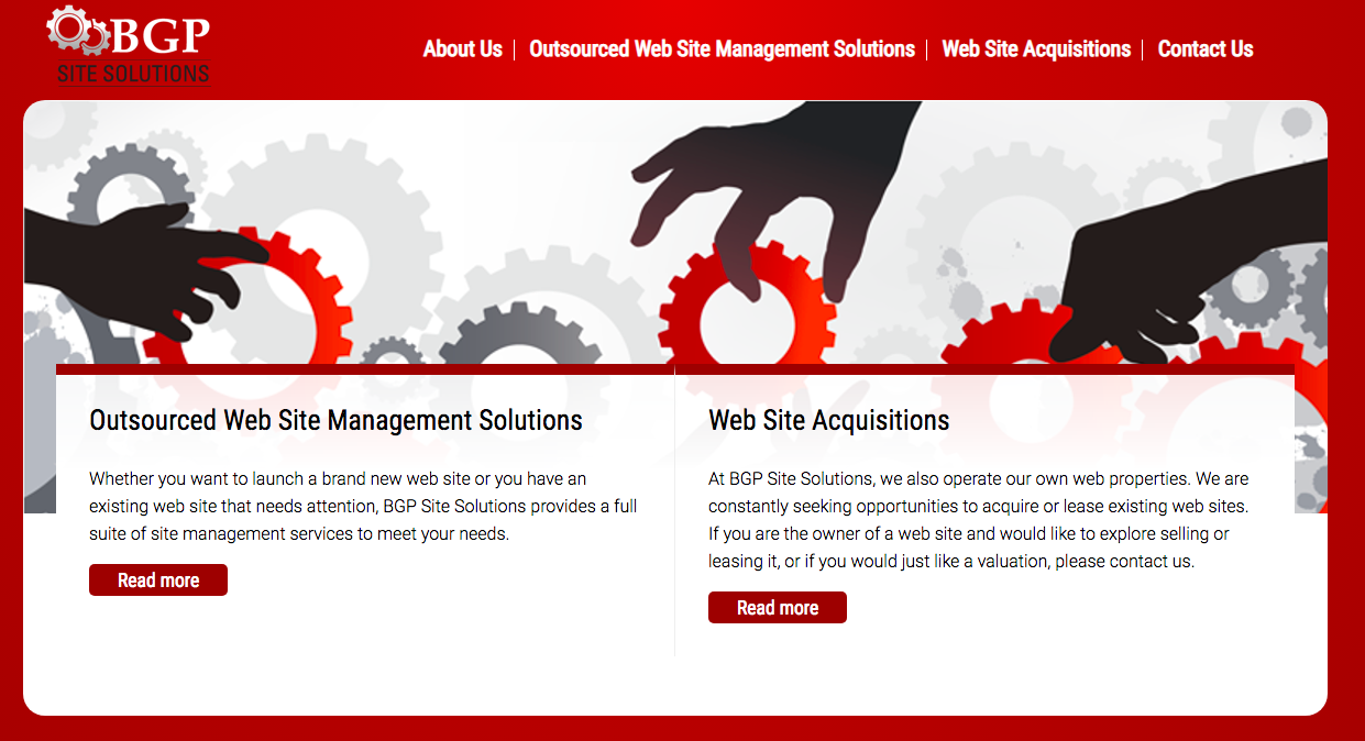 Two types of services described in two columns below the three hands picking the red coloured screw fittings on the BGP Site Solutions’ website’s homepage