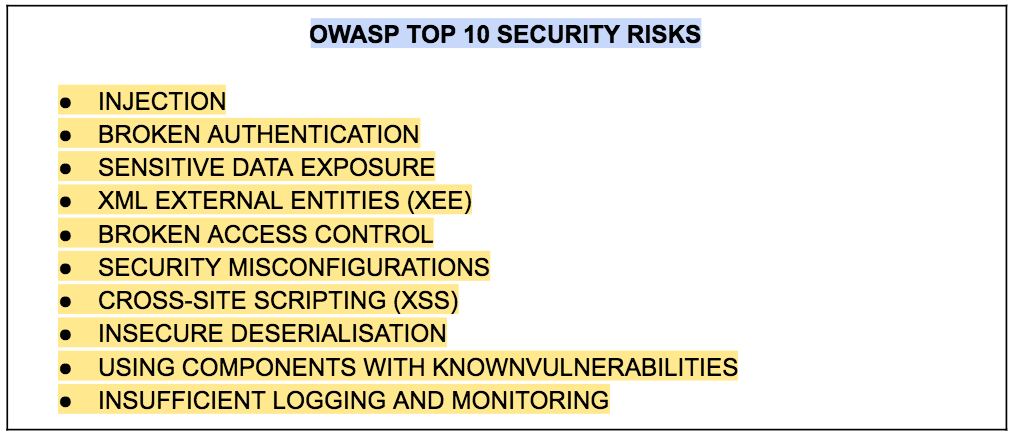 A heading and bullet points below it to explain security constraints of Open Web application security project