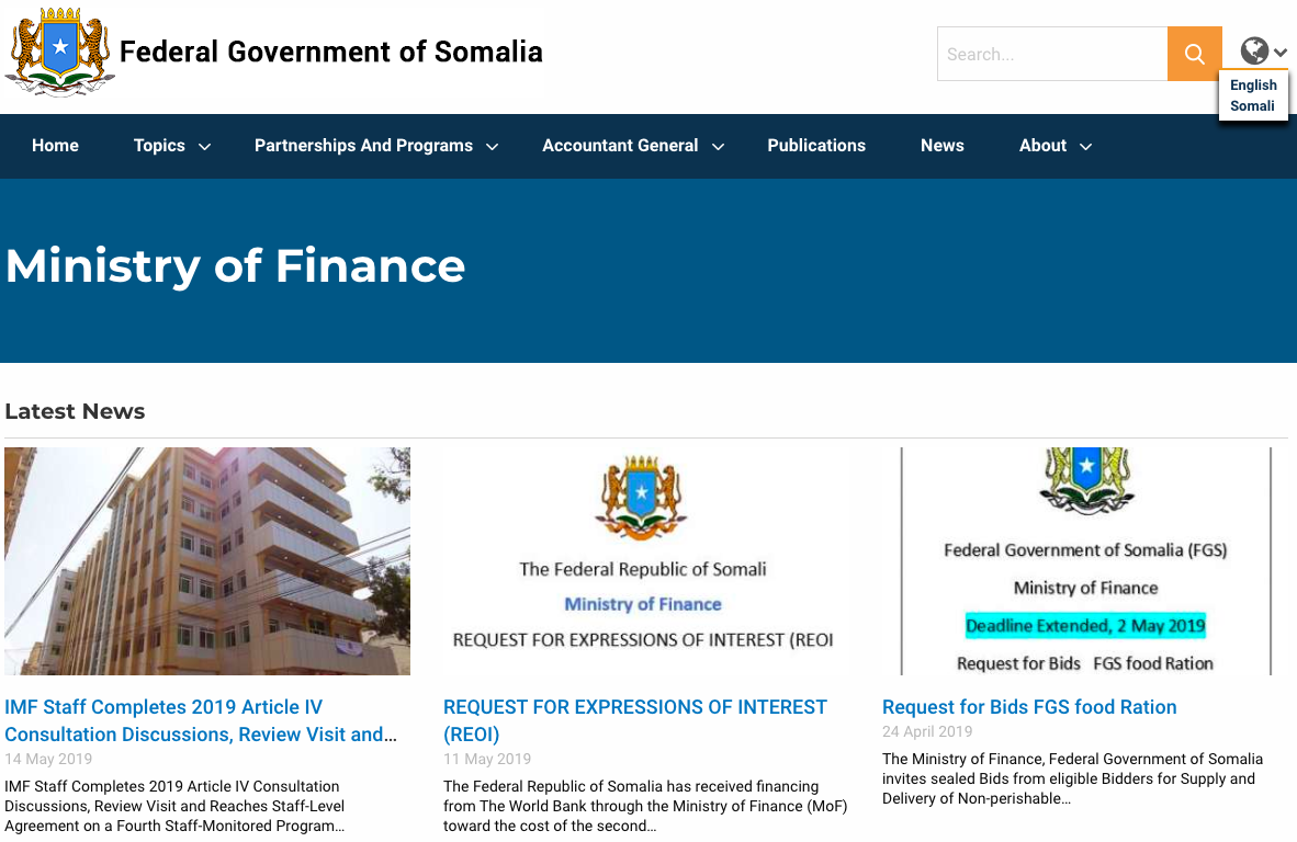 Homepage of Ministry of Finance of Somalia with an image of a multi floor building