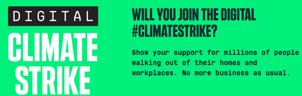 On top of green background, 'Digital climate strike' written on left and a text supporting it on right