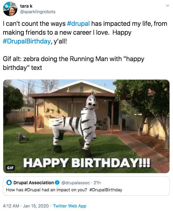 Tweet showing image of person on top left and zebra below it