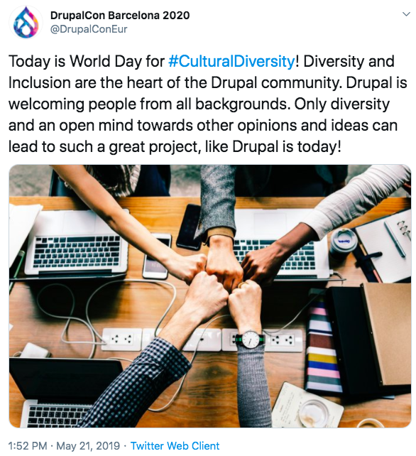 Tweet showing coloureful droplet like icon on top-left and text below about diversity and inclusion in Drupal event