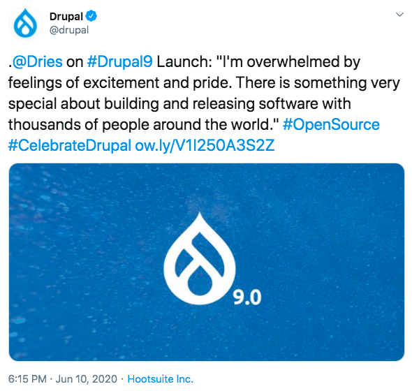 A tweet with drop like icon on top left, Drupal written beside it and a statement in the centre showing excitement over Drupal 9 launch