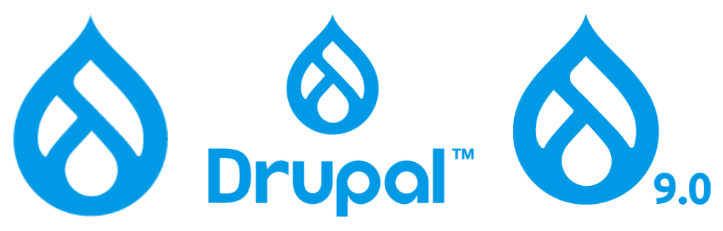 Different Drupal 9 logos with drop like icons and the word 'Drupal' written