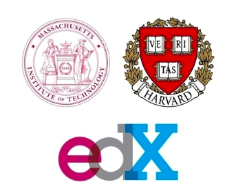 Logo of Massachusetts Institute of Technology on the top left, Harvard University on the top right, and edX on center bottom