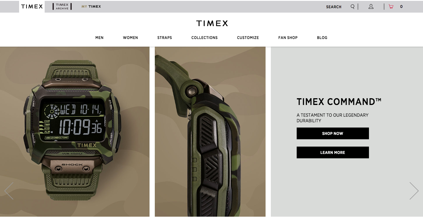 homepage of timex with one digital watch from two different angles