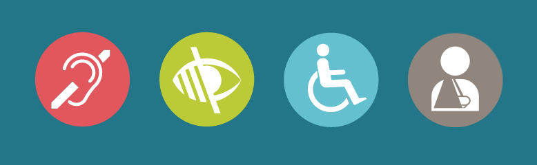 a rectangle with four circles placed in vertical position with red, green, blue and grey color respectively in a blue background with an ear, eye, wheelchair and man in circles respectively