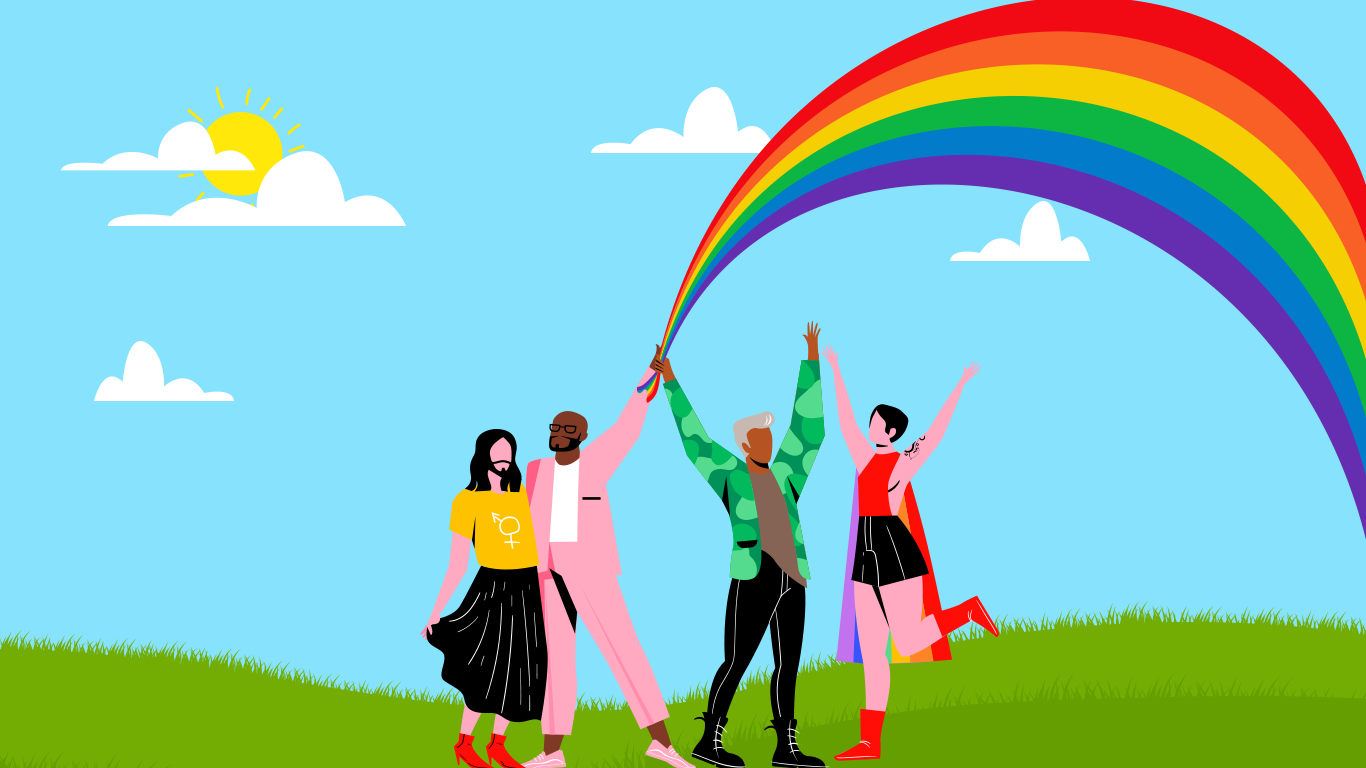 Four people holding a rainbow like flag with clouds and sky in the background